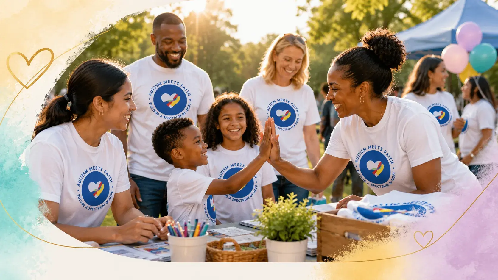 Autism Meets Faith-branded artwork of a child and volunteer sharing a high-five, surrounded by community participants and soft watercolor edges.