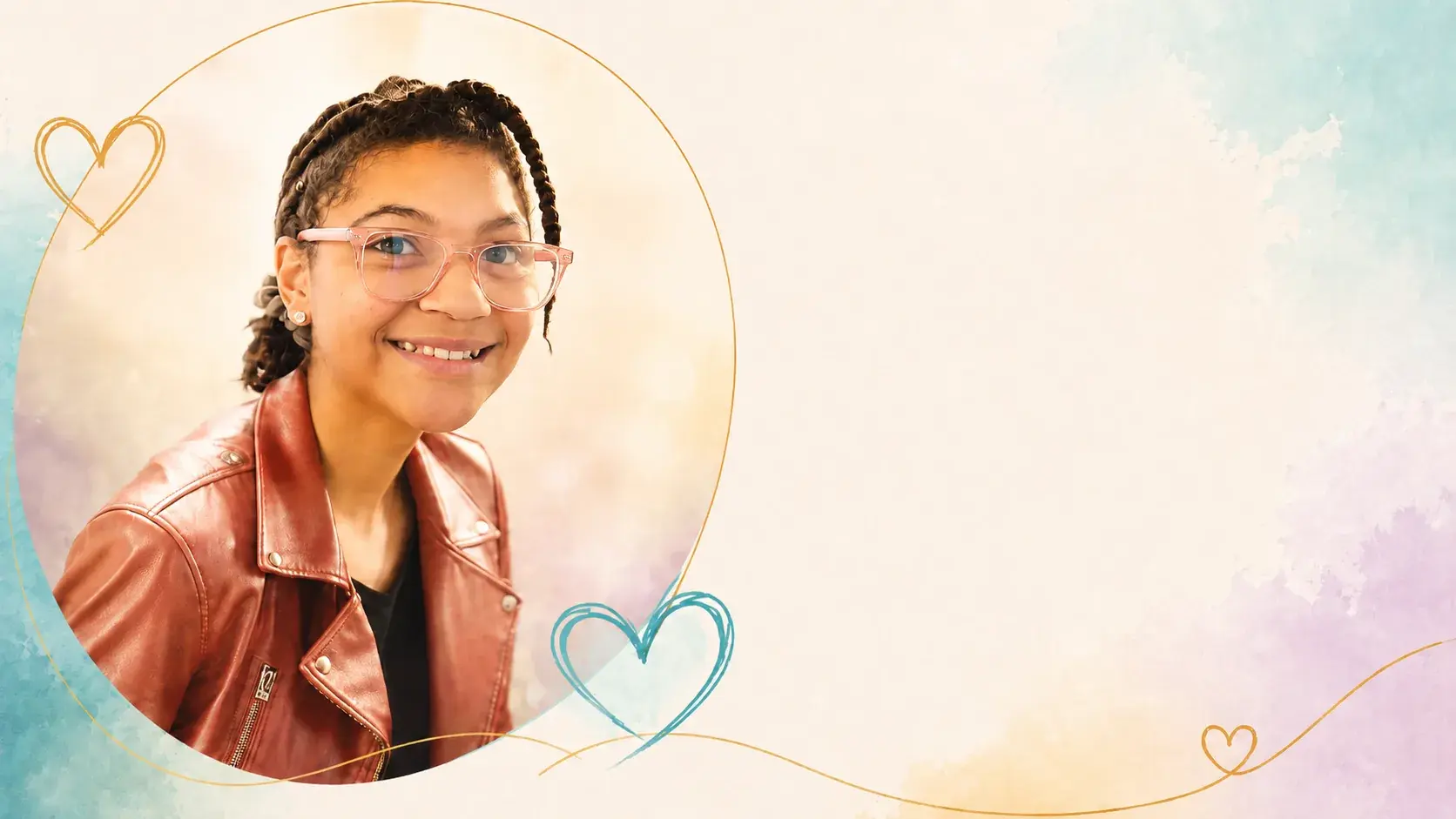 Faith smiling in a portrait framed by soft watercolor colors and hand-drawn heart motifs.
