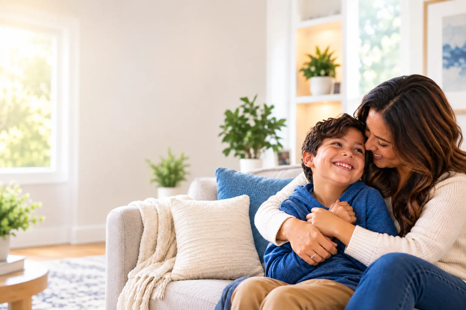 A mother warmly embracing her smiling young son at home.