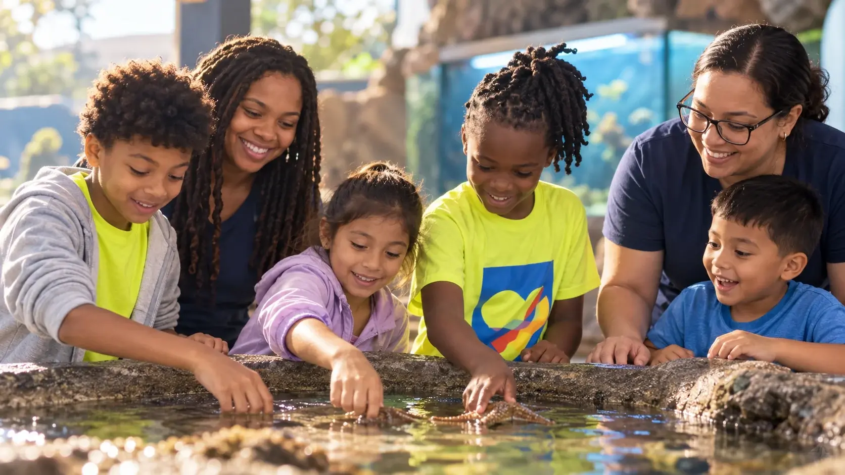 Children and caregivers share a joyful sensory-friendly touch-tank discovery experience.